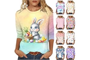 VOGFFR Easter Shirts for Women 3/4 Sleeve Crewneck Cute Shirts Graphic Print Tunic Tops Happy Easter Day T-Shirts 2025