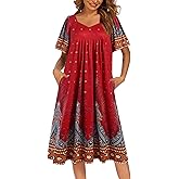 Ekouaer Women's House Dress - Pleated Nightgown with Short Sleeves & Pockets