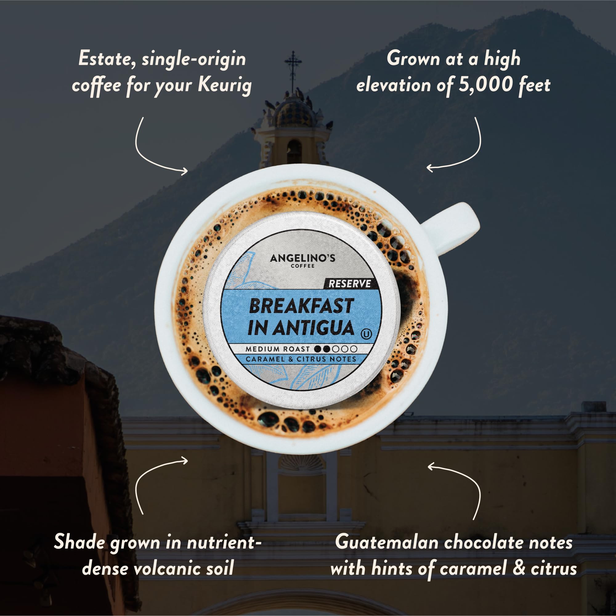 Angelino's Coffee Breakfast in Antigua Coffee Pods - Breakfast Blend Coffee K Cups Compatible, Medium Roast Coffee, Reserve, Chocolate & Caramel Notes, Citrus Hints, Guatemala Origin, 24 Count - Premium Breakfast Blend Coffee for Keurig Machines