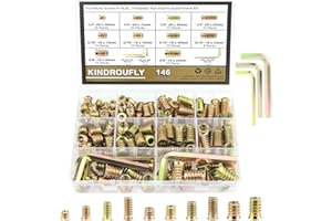 Kindroufly 146 Pieces 1/4"-20, 5/16"-18, 3/8"-16 Threaded Inserts, Nut Inserts, Wood Inserts, Steel Threaded Inserts Assortment Kit for Wood Furniture Screw
