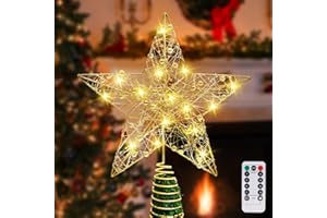 AUMAYCO Gold Christmas Tree Topper Star with 20 LED Warm White Lights and Pearl Beads, Remote Control Star Tree Topper for Christmas Tree Decorations and Xmas Holiday Seasonal Décor, Battery Required