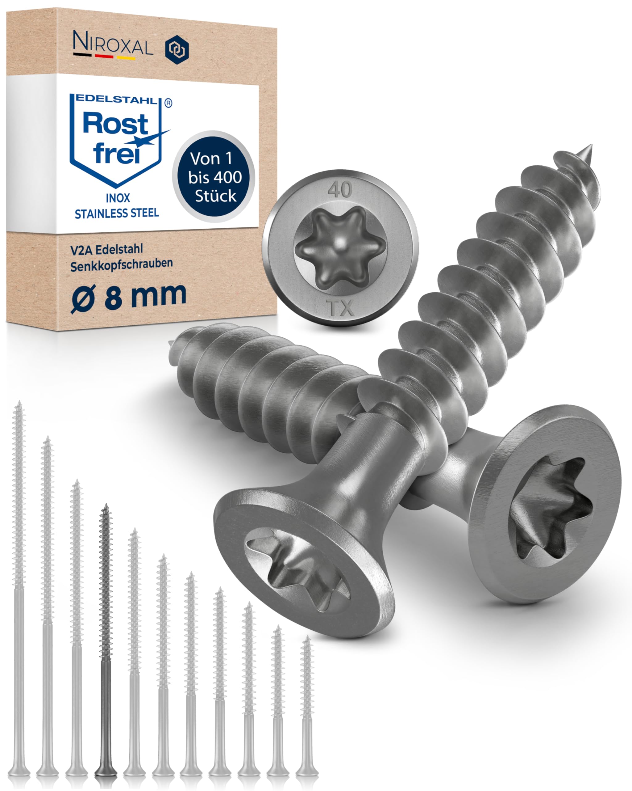 Wood Screws 8 x 160 mm Stainless Steel 304 TORX Countersunk Head Chipboard Screws Timber Screws Partial Thread A2 100 Pack