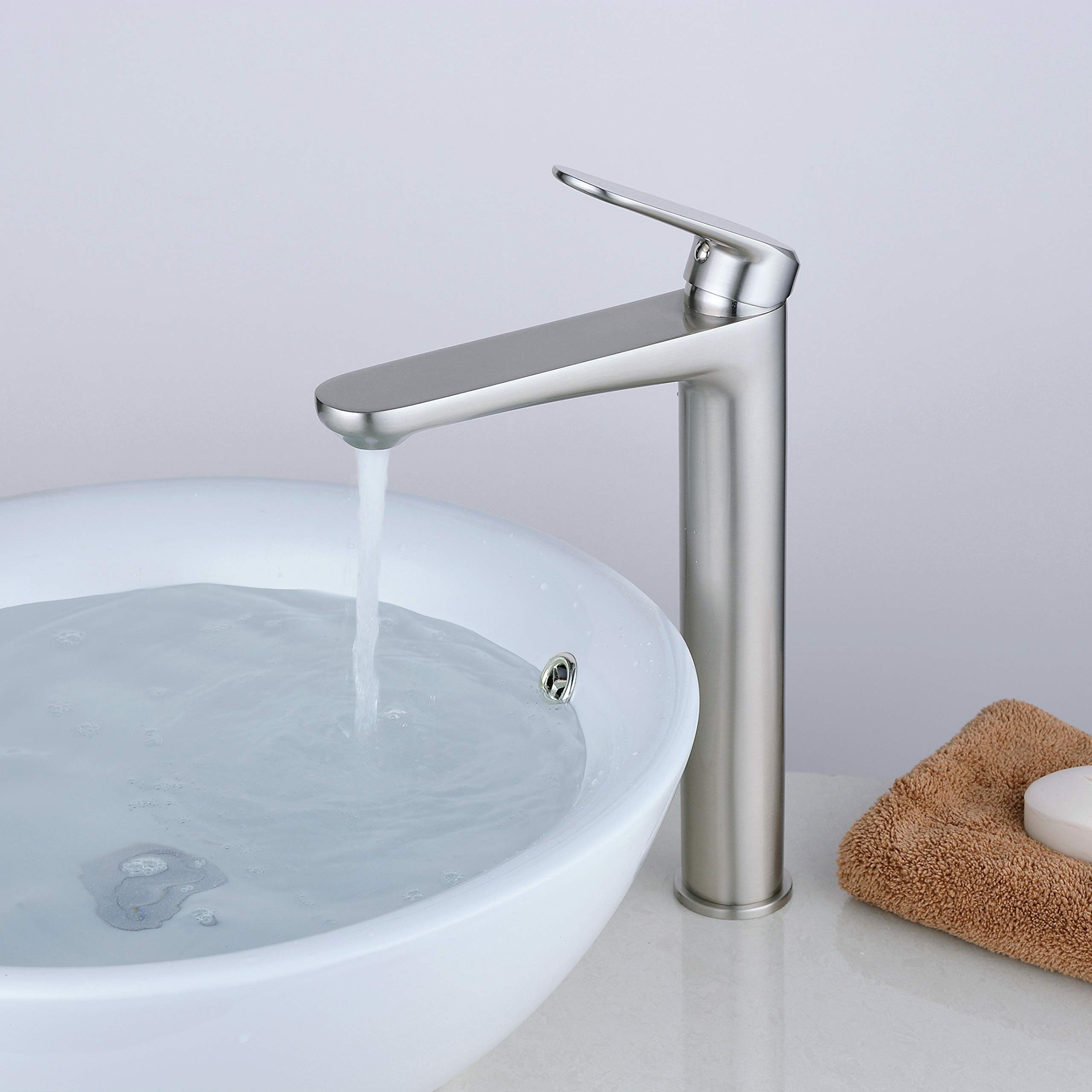 Solid Brass Bathroom Sink Tap Counter Top Monobloc Basin Mixer Tap, Brushed Nickel/Matte Finish
