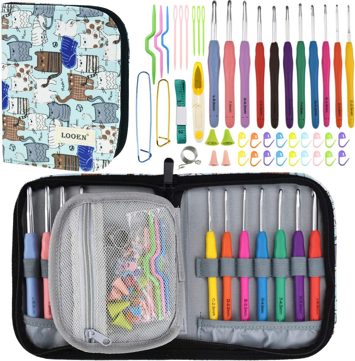 Crochet Hook Set with Case-11 Extra Long Full Size Rubber Soft-Touch Handle Grip Knitting Needles, Contains All The Crochet Accessories Fit Any Projects, Ideal for Crocheters with Art