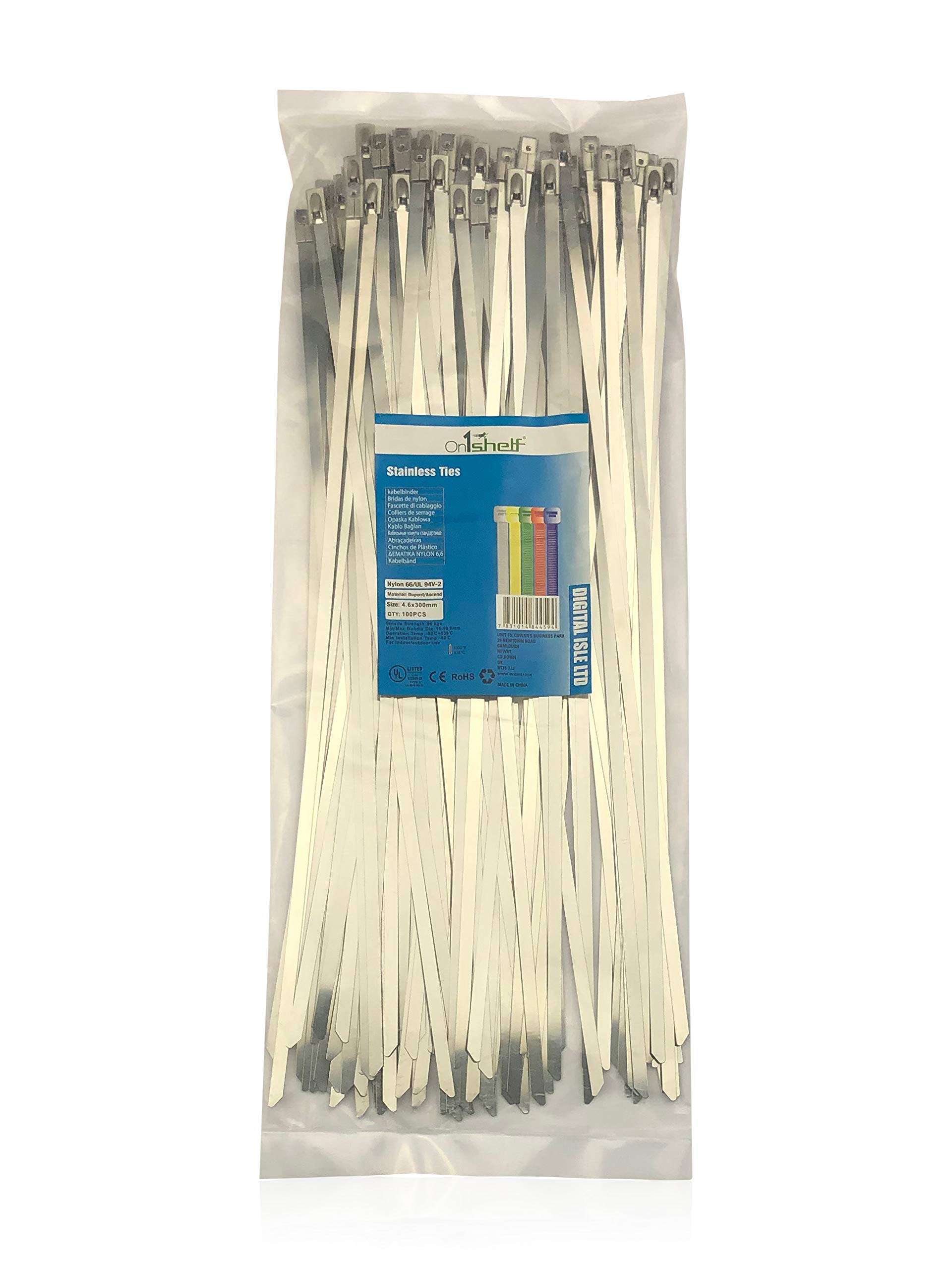 100 Pack of Stainless Steel Cable Ties - Marine Grade Metal by On1shelf (4.6mmx360mm)