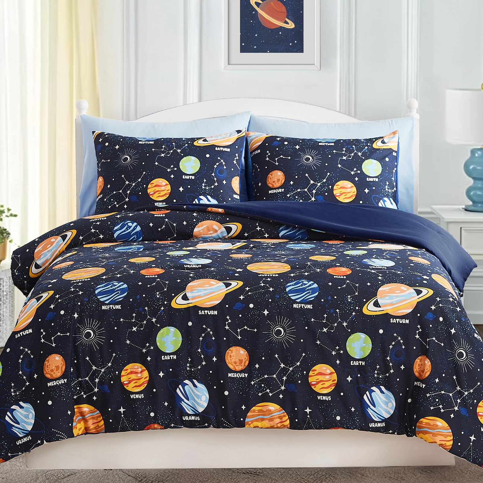 Photo 1 of Wink Deer Full Size Comforter Set for Boys-7 Pieces Space Glow in The Dark Full Bedding Sets for Kids, Ultra Soft Bed in A Bag with Sheets
