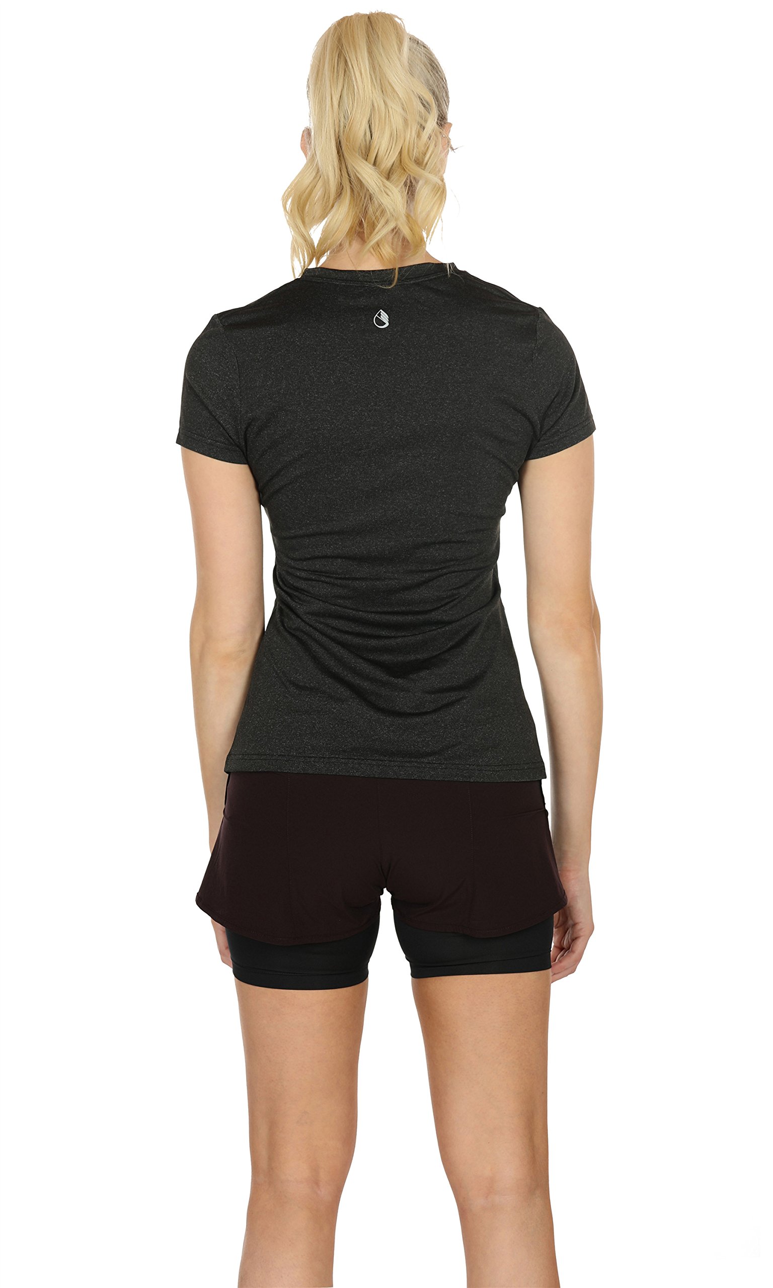 icyZone Workout Shirts Yoga Tops Activewear V-Neck T-shirts for Women Running Fitness Sports Short Sleeve Tees (L, Black Heather)
