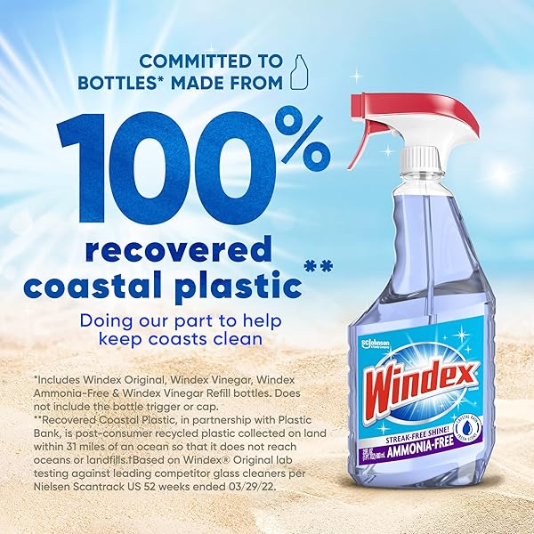 WINDEX GLASS AND WINDOW CLEANER SPRAY BOTTLE, AMMONIA FREE, BOTTLE MADE FROM 100% RECOVERED COASTAL PLASTIC, SURFACE CLEANING SPRAY, CRYSTAL RAIN SCENT, 32 FL OZ