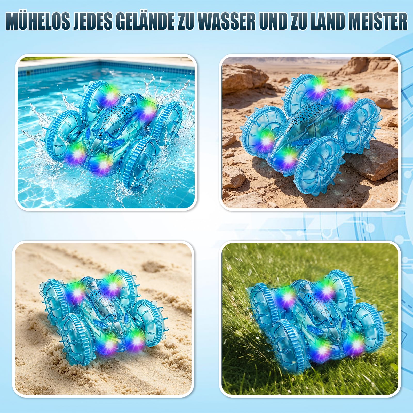 Morofme Amphibienfahrzeug Ferngesteuert Auto, 2.4GHz Ferngesteuertes Auto Kinder, 4WD 360° Stunt RC Car RGB Licht, 90Min Spielzeit Ferngesteuertes Auto ab 4-12 Jahre für Outdoor Pool Strand Spielzeug 5