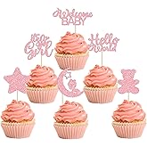 Gyufise 24Pcs Baby Girl Cupcake Toppers with Moon Glitter Star Bear Hello World It's a Girl Baby Shower Cupcake Picks Gender Reveal Kids Girls Birthday Party Cake Decorations Supplies Pink