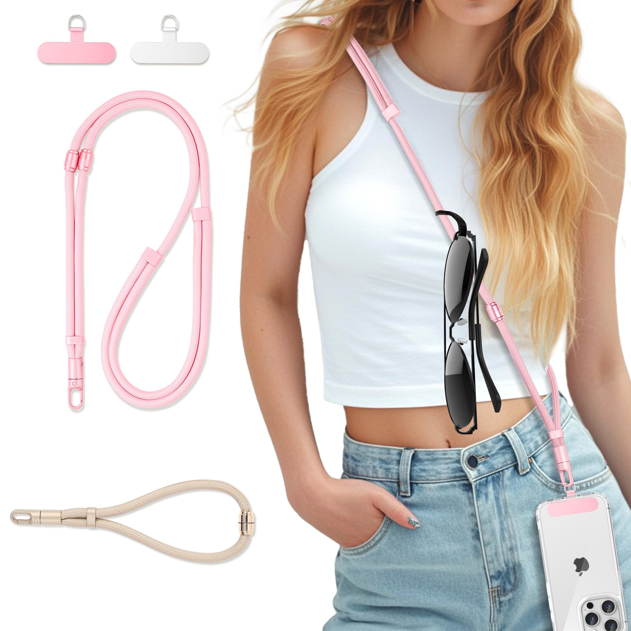 GMETINK 3-in-1 Cell Phone Lanyard 1 Pack + Wrist Strap 1 Pack - Convertible Crossbody Strap with Locking Knob Friendly Quick Release, Adjustable Neck Lanyard for Gym/Work/Travel Essentials(Pink)