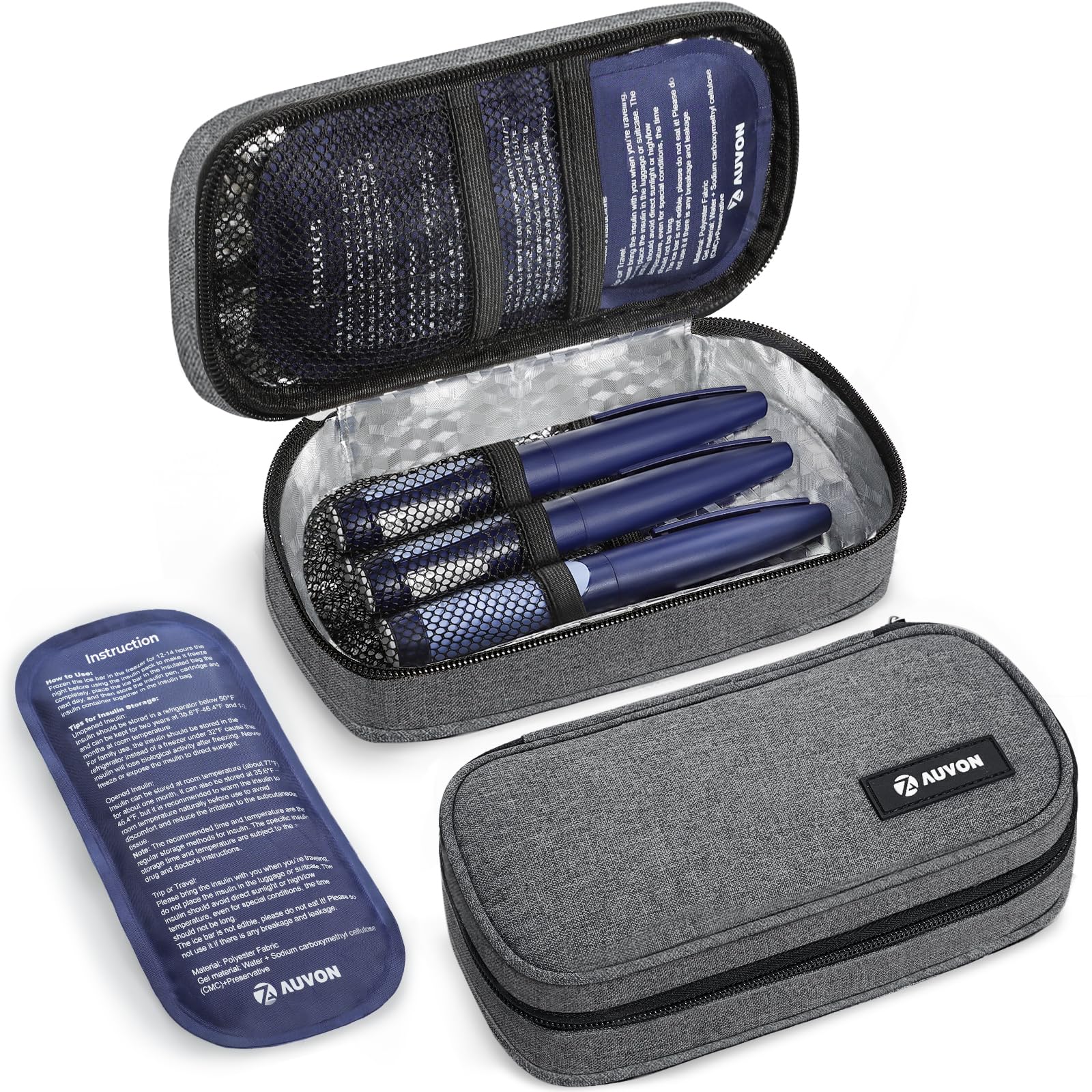AUVON Portable Insulin Cooler Travel Case, Insulated Diabetic Bag with 2 x 160g Ice Packs for 6-8h Cooling Time, Medication Cooler Bag for Insulin Pens and Blood Glucose Monitor Supplies