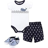 Hudson Baby Unisex Baby Cotton Bodysuit, Shorts and Shoe Set