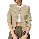 COCCKO Women's Tweed Blazers Trendy Fall Casual Collarless Button Down Sequin Tops Cropped Jackets with Pockets