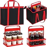 Acellegic 2 Pcs Reusable 6 Cup Drink Carrier with Handle and Insulated Bag for Hot and Cold Drink/Food, Foldable Plastic Cup Holder and 16 x 10 x 13'' Drink Carrier Cooler Bag for Travel and Delivery