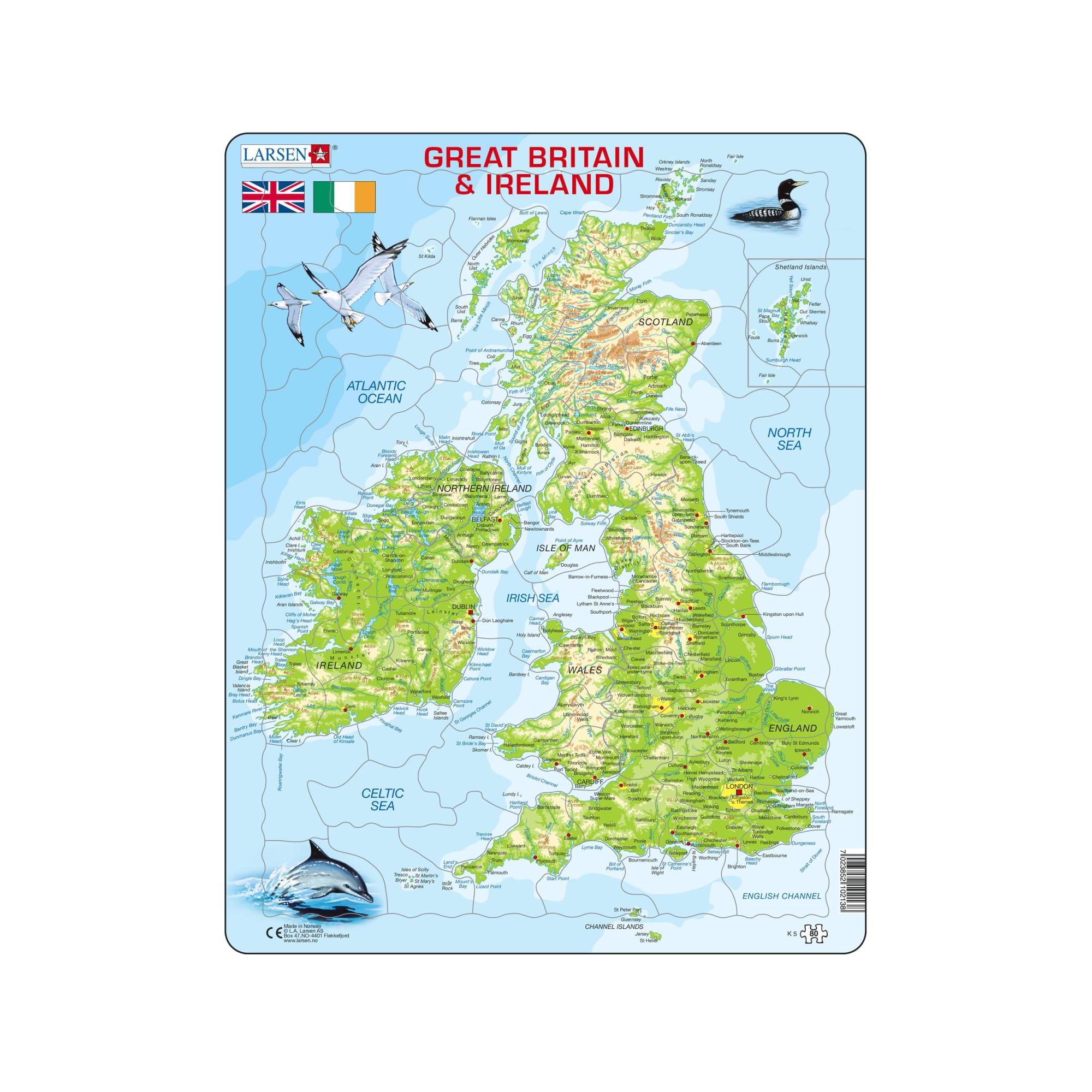 Larsen K5 Great Britain & Ireland Topographic Jigsaw Puzzle - 80 Pieces - Educational Geography Puzzle for Kids 6+ - Tray & Frame - School, Home Learning, or Travel