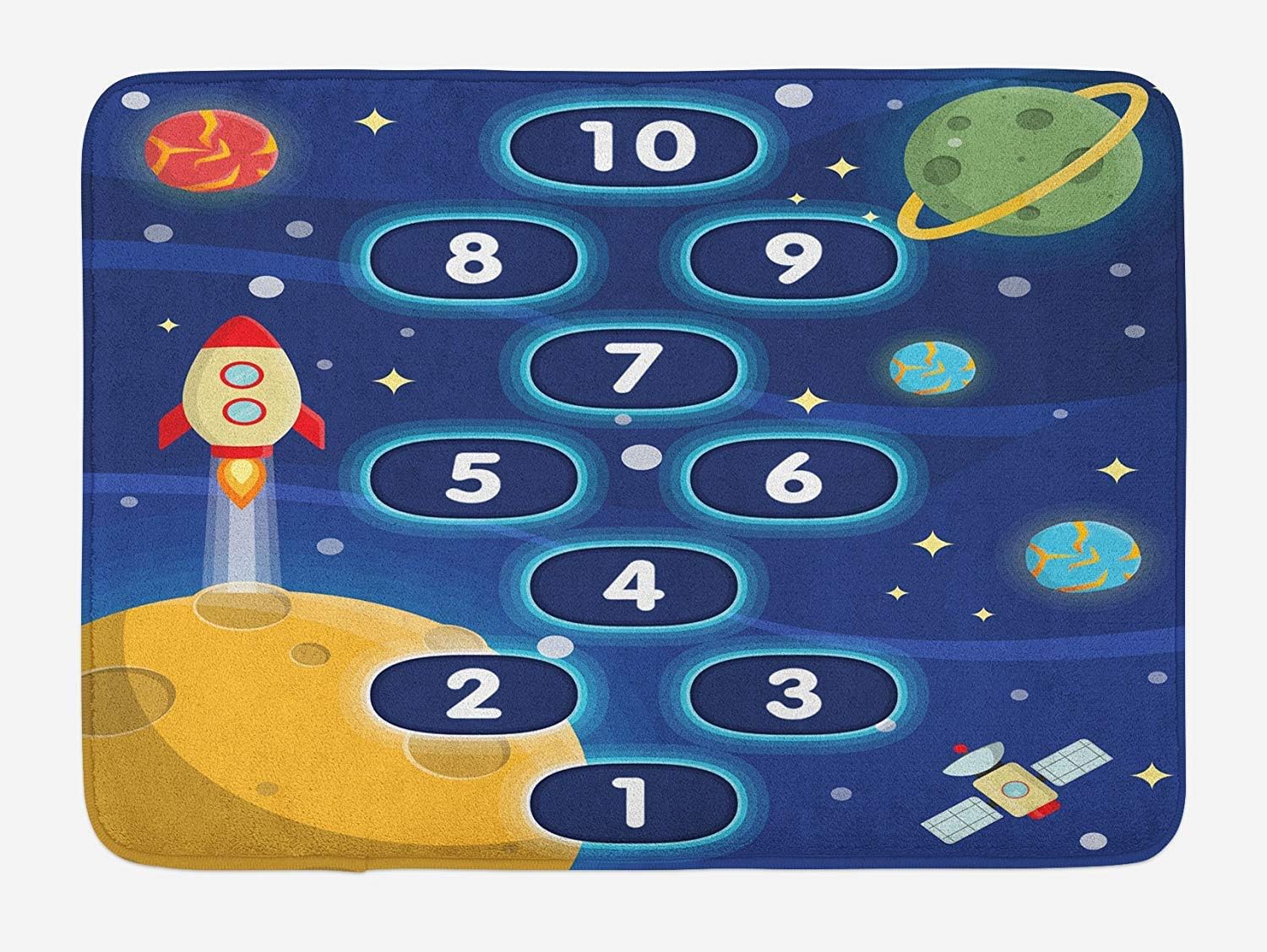 Juziwen Kid's Activity Bath Mat, Children Activity Hopscotch Game in Space Science Fiction Themed Cartoon, Plush Bathroom Decor Mat with Non Slip Backing,Multicolor 80x50cm