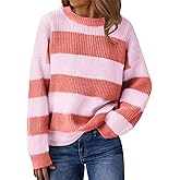 Libsorge Womens Oversized Cute Lightweight Striped Sweater Spring Winter 2025 Trendy Ladies Dressy Casual Ribbed Waffle Knit Crew Neck Thin Long Sleeve Color Block Pullover Top Pink S