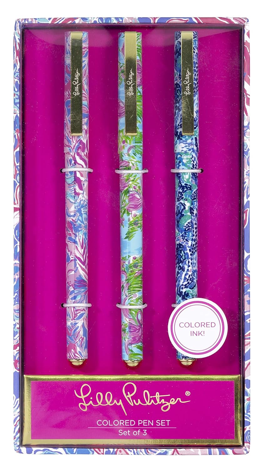 Lilly Pulitzer Women's Colored Pen Set of 3, Includes Pink, Blue, Green Ink, Viva La Lilly (assorted)