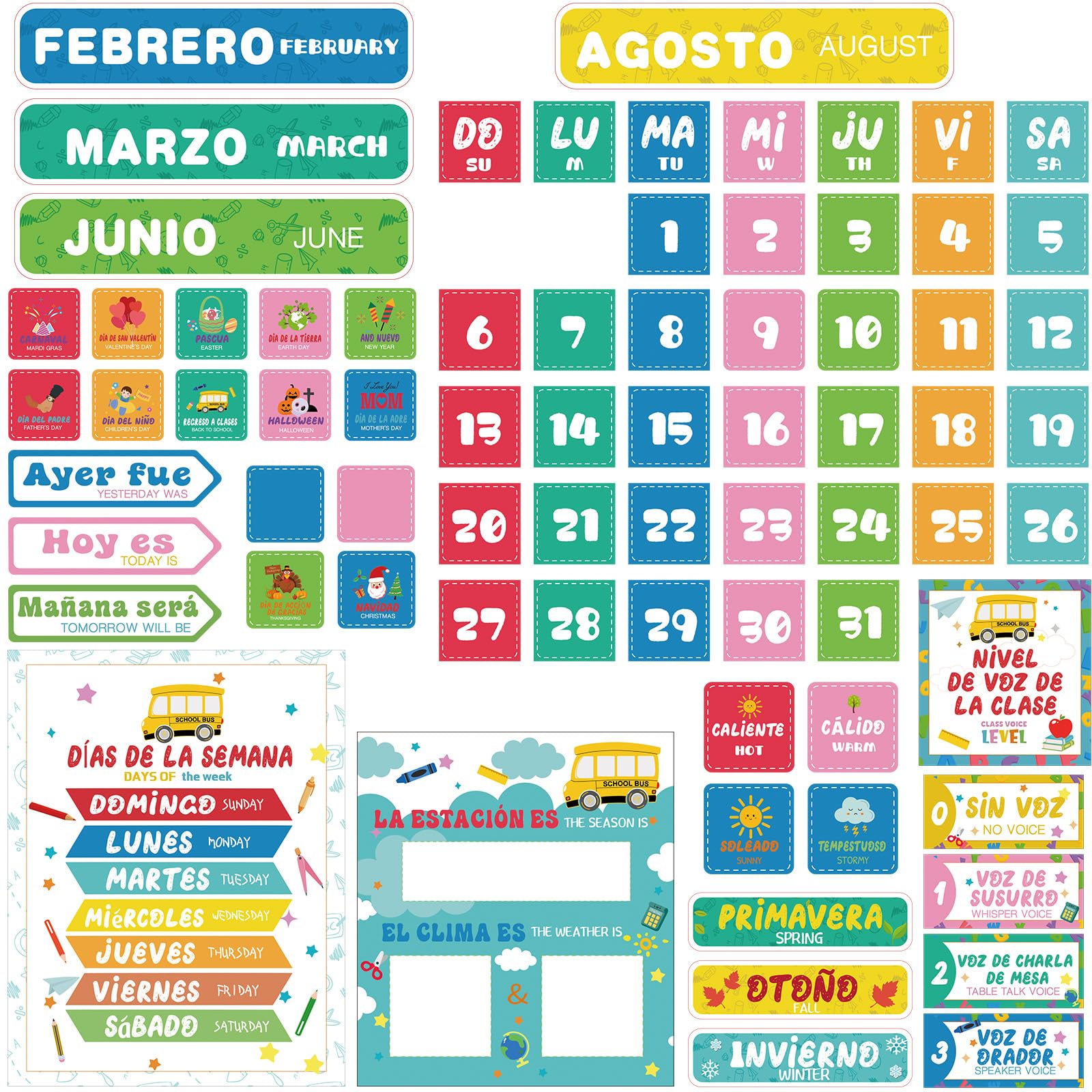 Photo 1 of Spanish Classroom Calendar Pocket Chart for Kids Classroom Decor Set Chalkboard Calendar Bulletin Board Decorations Bilingual Educational Posters for Toddlers 1-3, Homeschool Materials(Lively Style)
