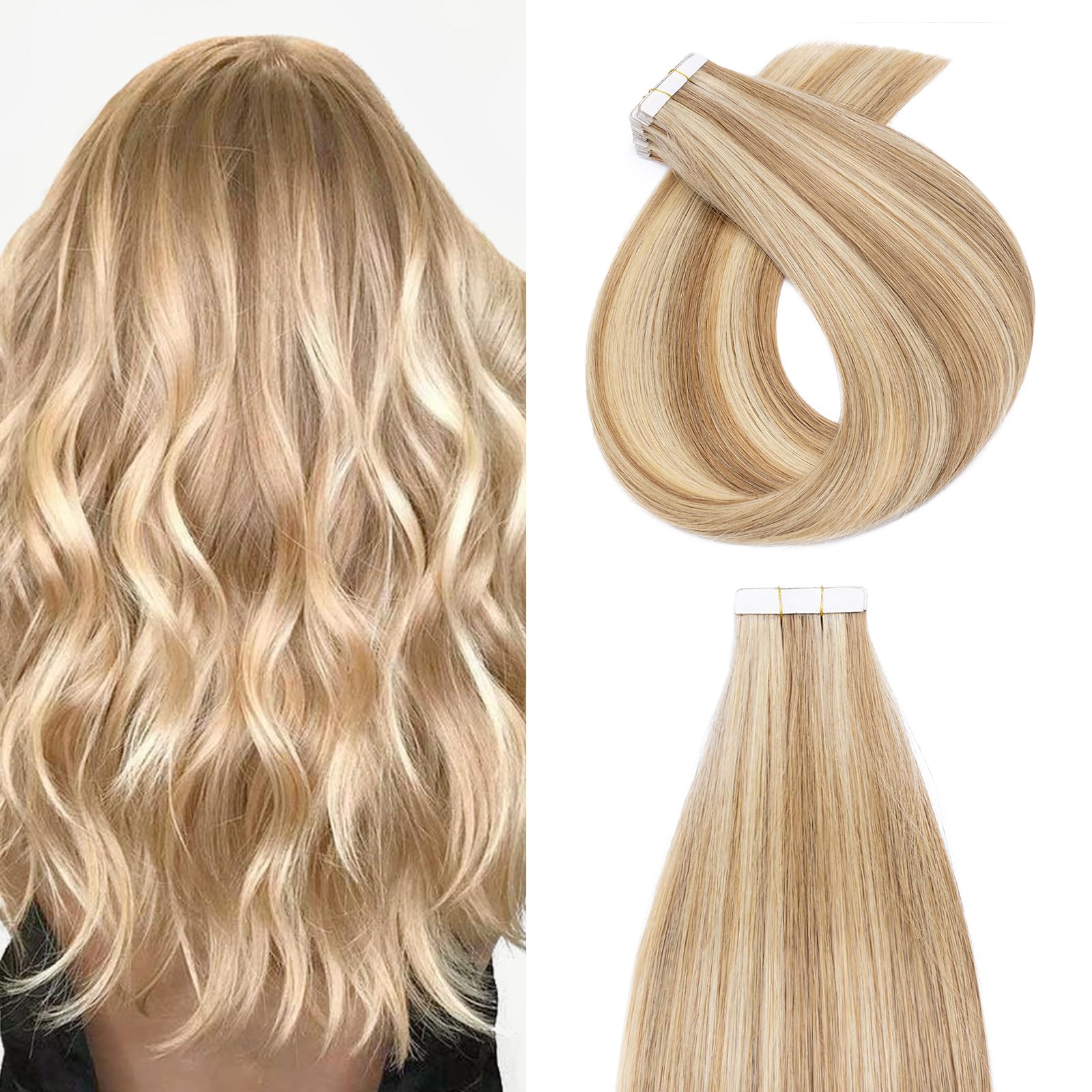 20 Pcs Balayage Tape Hair Extensions 100% Human Real Remy Hair (22"-50g) #12P613 Golden Brown&Bleach Blonde Skin Weft