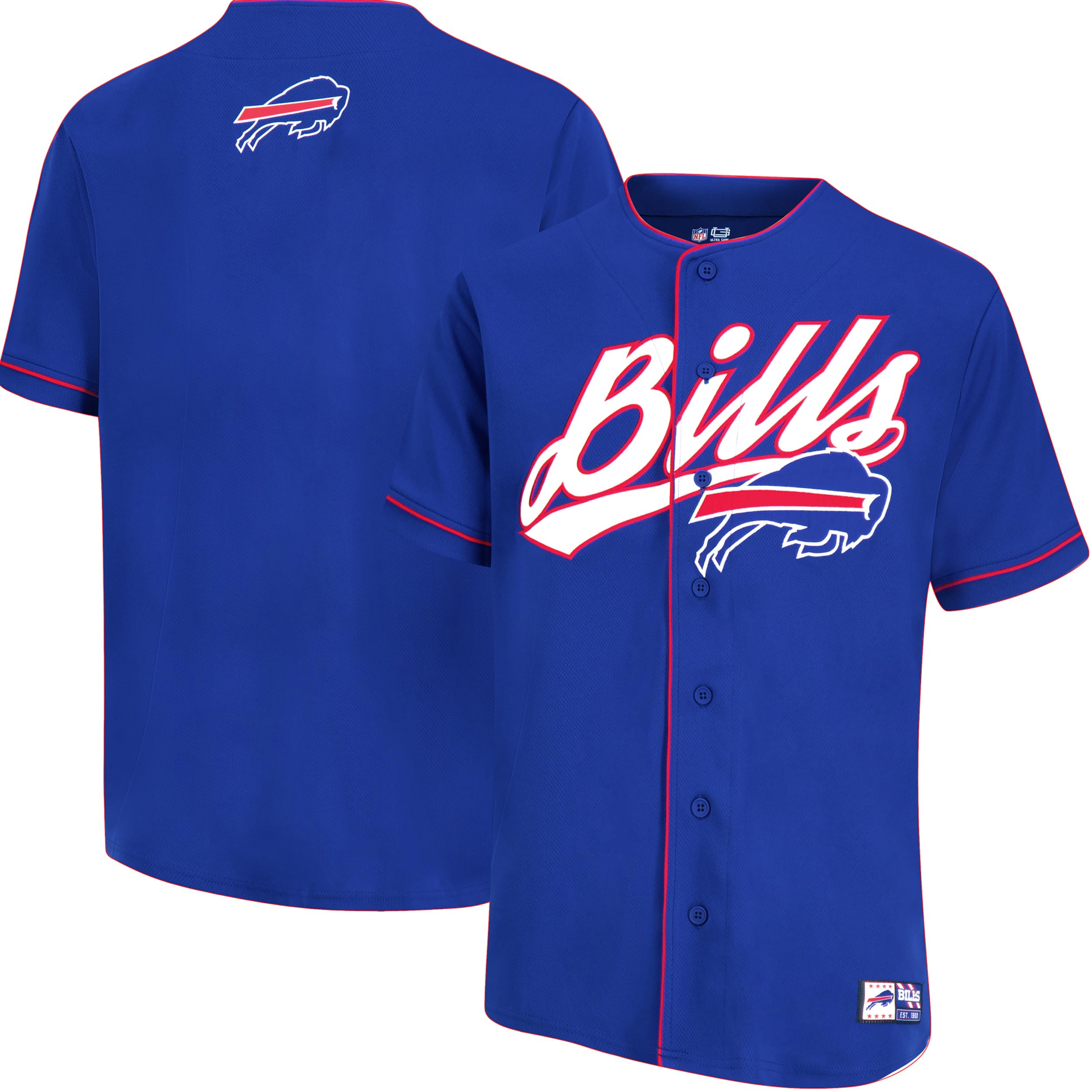 Ultra Game NFL Official Adults Game Day Button Down Baseball Mesh Jersey Shirt - Unisex, Buffalo Bills, Team Color, Medium Image