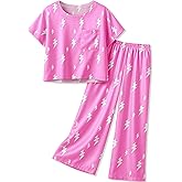 Petite&Me Silk Girls Pajamas Kids/Teens 2 Pieces Lounge Sets Short Sleeve Top & Wide-Leg Pants Soft Pjs Loungewear