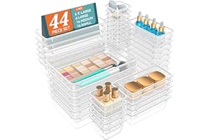WOWBOX 44 PCS Clear Plastic Drawer Organizer Set, 5 Varied Size storage Bins and Desk Drawer Organizer Trays for Makeup, Gadgets, Jewelry and Utensils in Bathroom, Bedroom and Office, Clear
