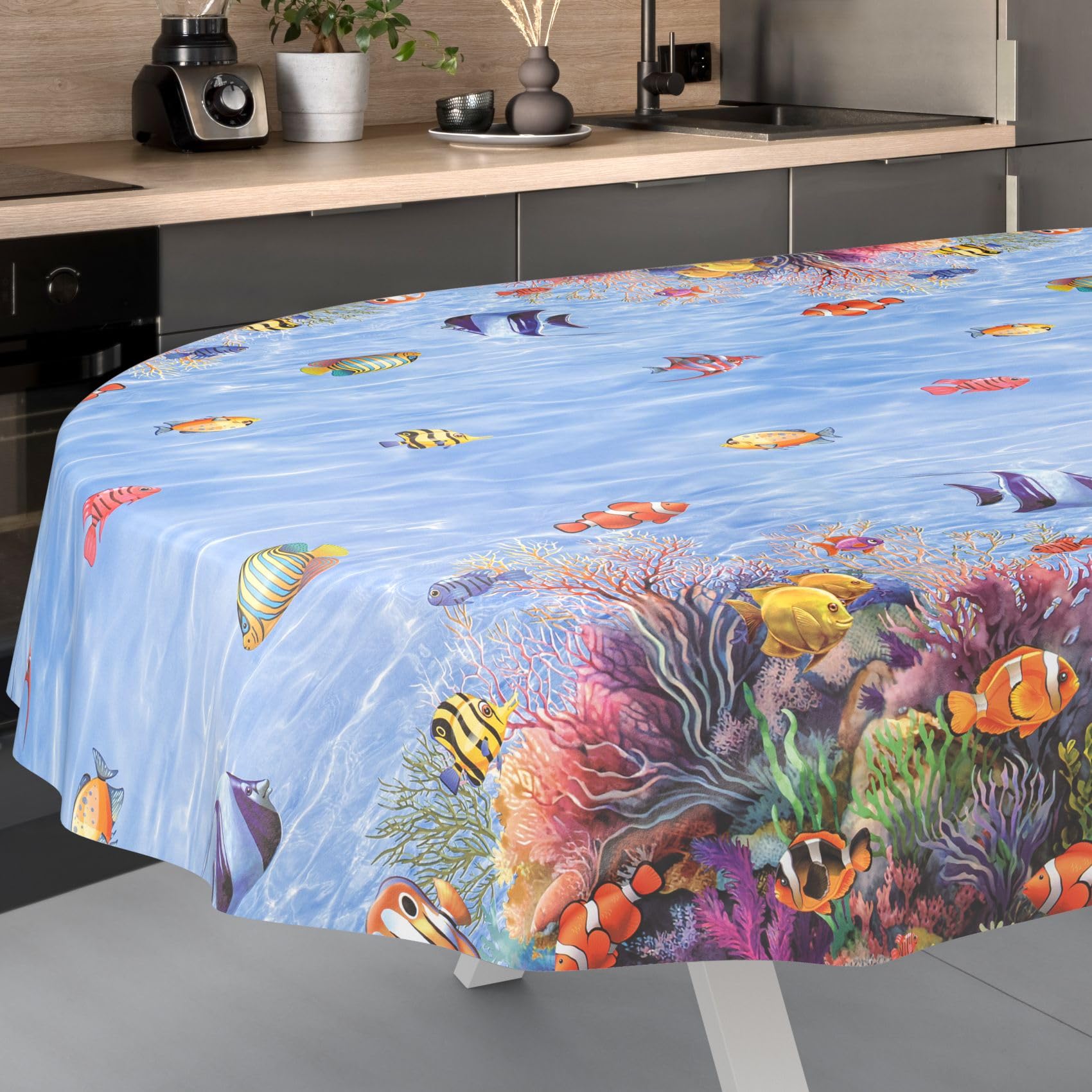 ANRO Oilcloth Tablecloth, Washable, Oilcloth, Garden Tablecloth, Outdoor, Indoor, Oval, 180 x 140 cm, Cut Edge, Aquarium