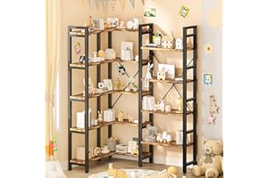 Nordivale Triple Wide 5-Tier Bookshelf, Industrial Wood and Metal Shelf, Convertible Straight or Corner Storage Unit for Livi