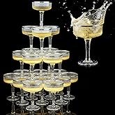 Acellegic Set of 24 Champagne Tower 7 oz Plastic Champagne Coupe Glasses Set Stackable Plastic Ribbed Martini Glasses Unbreakable Acrylic Cocktail Coupe Cups for Wedding Birthday (Glitter,Sliver)