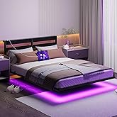 Floating Queen Bed Frame with Headboard and Storage,Metal Platform Bed Frame Queen Size with Charging Port and LED Lights,No Box Spring Needed,Easy Assembly,Noise Free,Heavy Duty Black Bed Frame