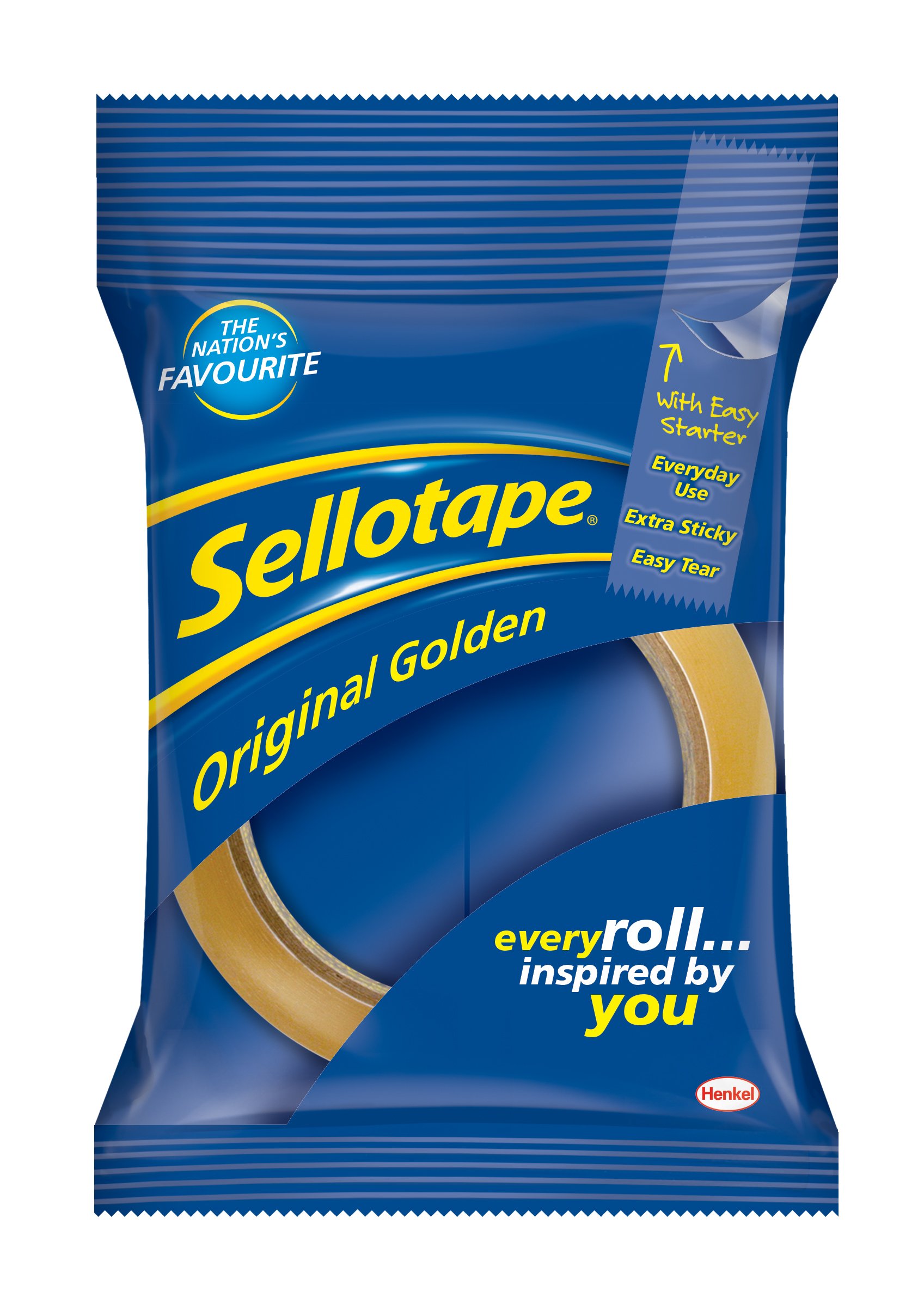 Sellotape Original Golden, Multi-Purpose Clear Tape for Household Objects, Clear Packing Tape for Sticking Envelopes or Cards, Easy Starter & Easy Tear Packaging Tape, 18mm x 66m