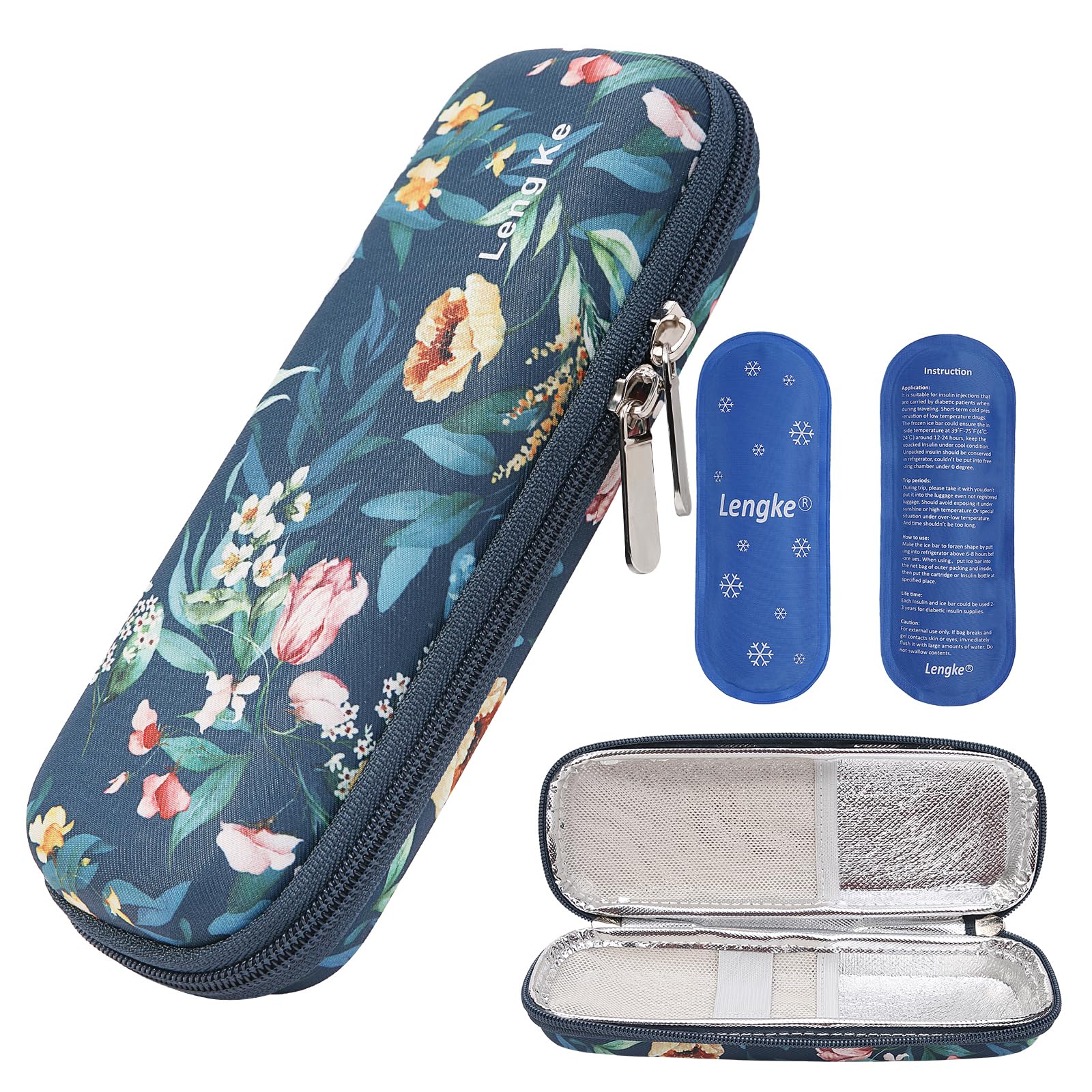 JAKAGO EVA Compact Insulin Cooler Travel Hard Case,Lightweight and Durable Diabetic Small Storage Travel Packs for Insulin Pens & Needles with 2 Ice Pack (BL Camellia Flowers)