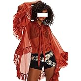 Seyumixi Women Long Bell Sleeve Frill Top See Through Sheer Mesh Blouse High Low Hem Ruffled Sexy Flowy Tops Shawl Shirt