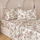 Huborise Brown Floral Bed Sheets Set 100% Cotton Percale Sheets Queen Size Vintage Toile Flower Printed Sheets, Soft & Breathable Khaki Luxury Bedding, Deep Pocket Fitted Sheet 17.5" 4 Pcs
