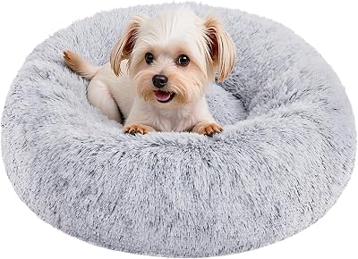 Feandrea Plush Donut Dog Bed Cat Bed Calming Round Cushion Grey 50cm