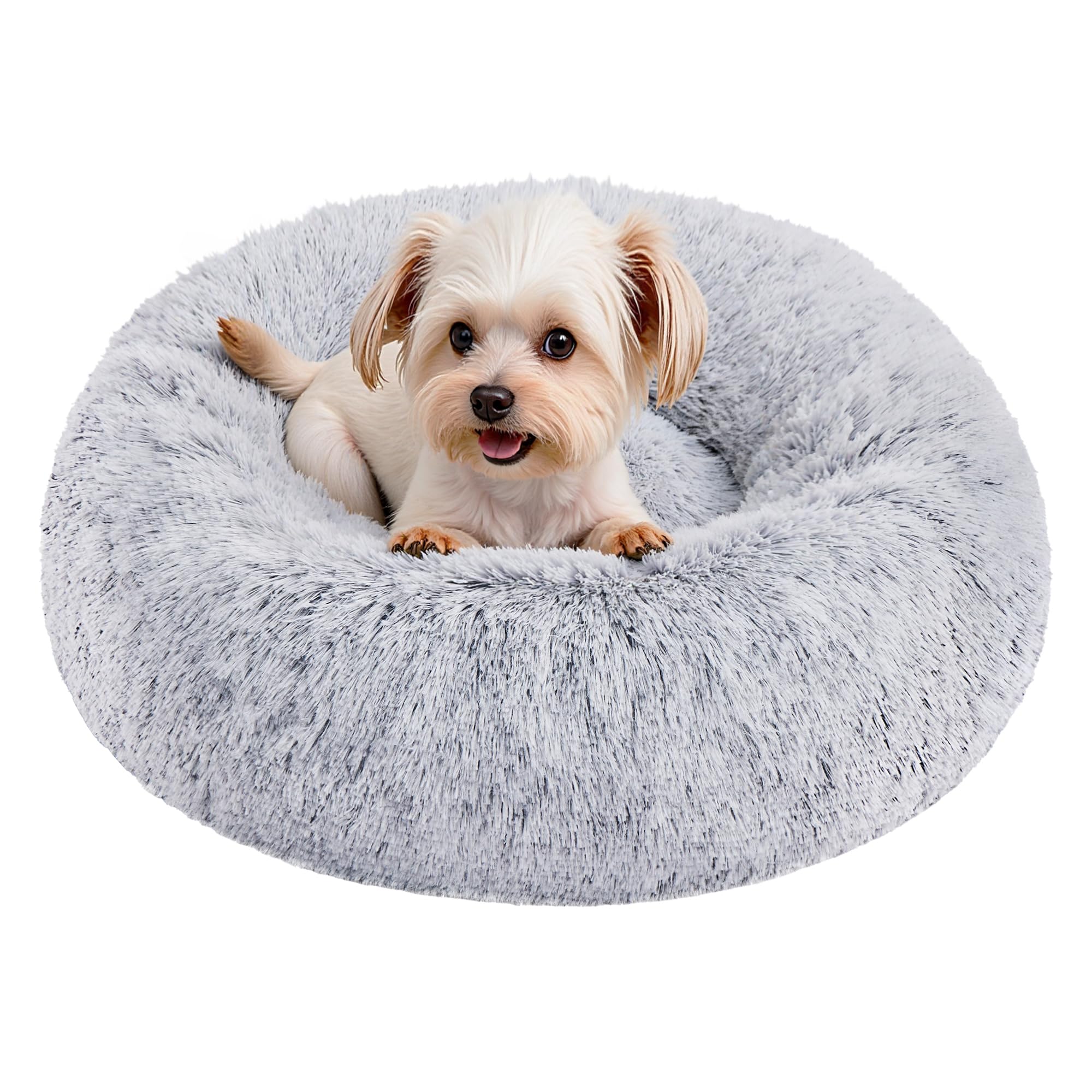 Feandrea Plush Donut Dog Bed,Cat Bed,Fluffy Dog Bed, Calming Round Doughnut Cushion,Machine Washable, small&medium Beds, Long Plush, Grey 50cm PGW037G01