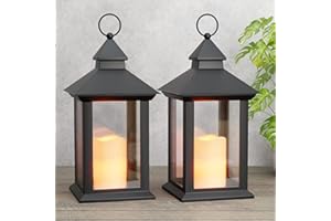 AFINETH 14" Lanterns Decorative Indoor/Outdoor, 2 Pack Black Lantern Decor with Timer Candle, Waterproof Battery Operated Outdoor Lanterns, Vintage Hanging Lanterns for Patio, Porch, Entryway, Centerpieces