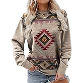 Womens Long Sleeve Shirts Western Aztec Print Fit Tops Fall Casual Fashion Round Neck Blouses