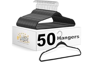 Quality Hangers 50 Pack Plastic Hangers for Clothes - Slim Non-Velvet Hangers with 360° Swivel Chrome Hook & Non Slip Notches - Ideal for Dresses Coats Shirts Jackets & More - Black