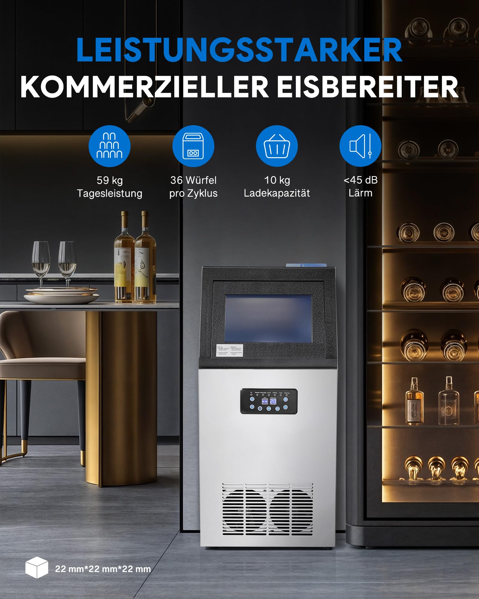Wilprep Kommerzielle Eiswürfelmaschine 59kg/24H Eismaschine mit LCD-Bildschirm Eismaschine aus Edelstahl für Büro, Restaurant, Bar, Café 3