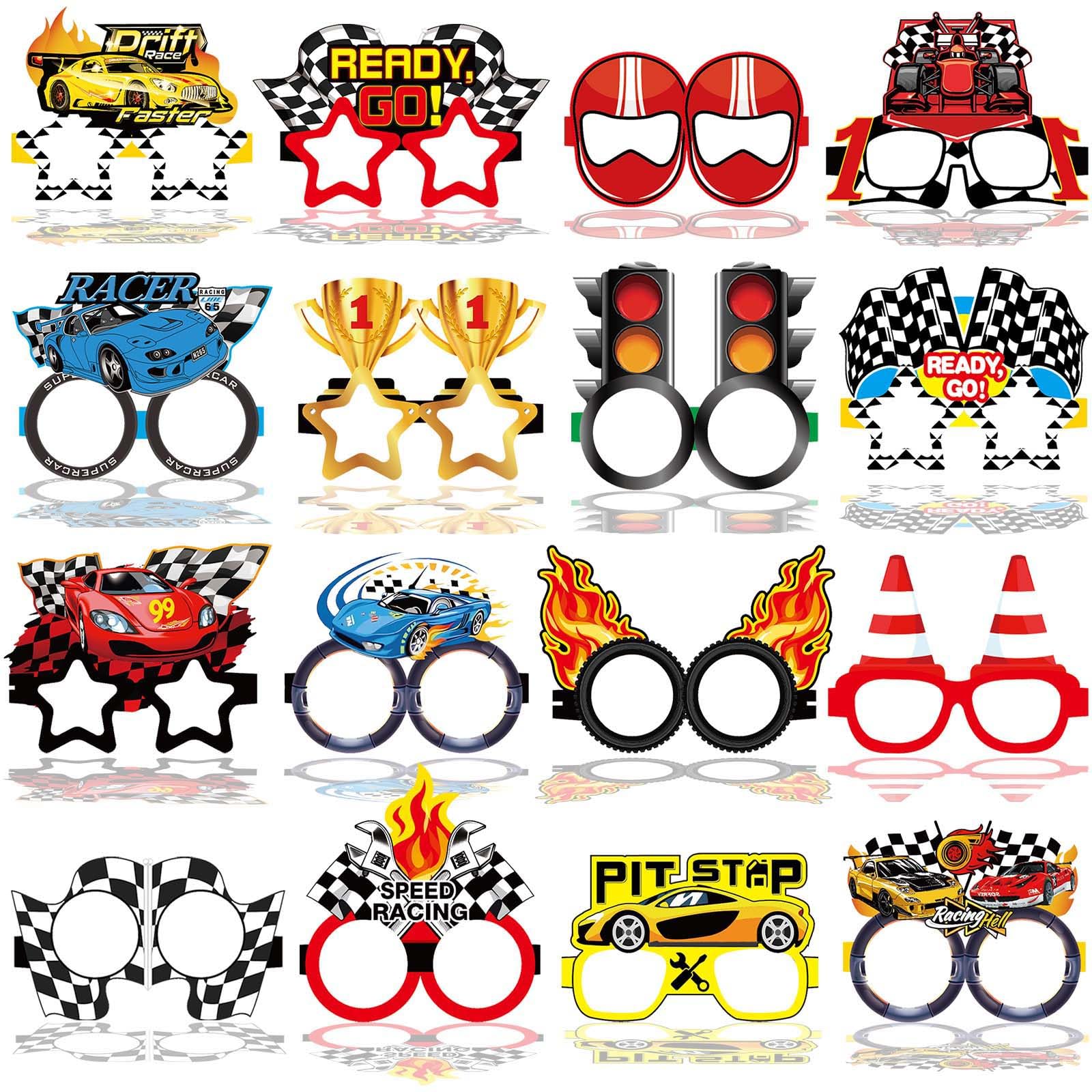 Qpout 32 Pieces Race Car Party Decorations Racing Paper Eyeglasses Frames & Racecar Theme Photo Booth Props Perfect Birthday Party Favors for Boys