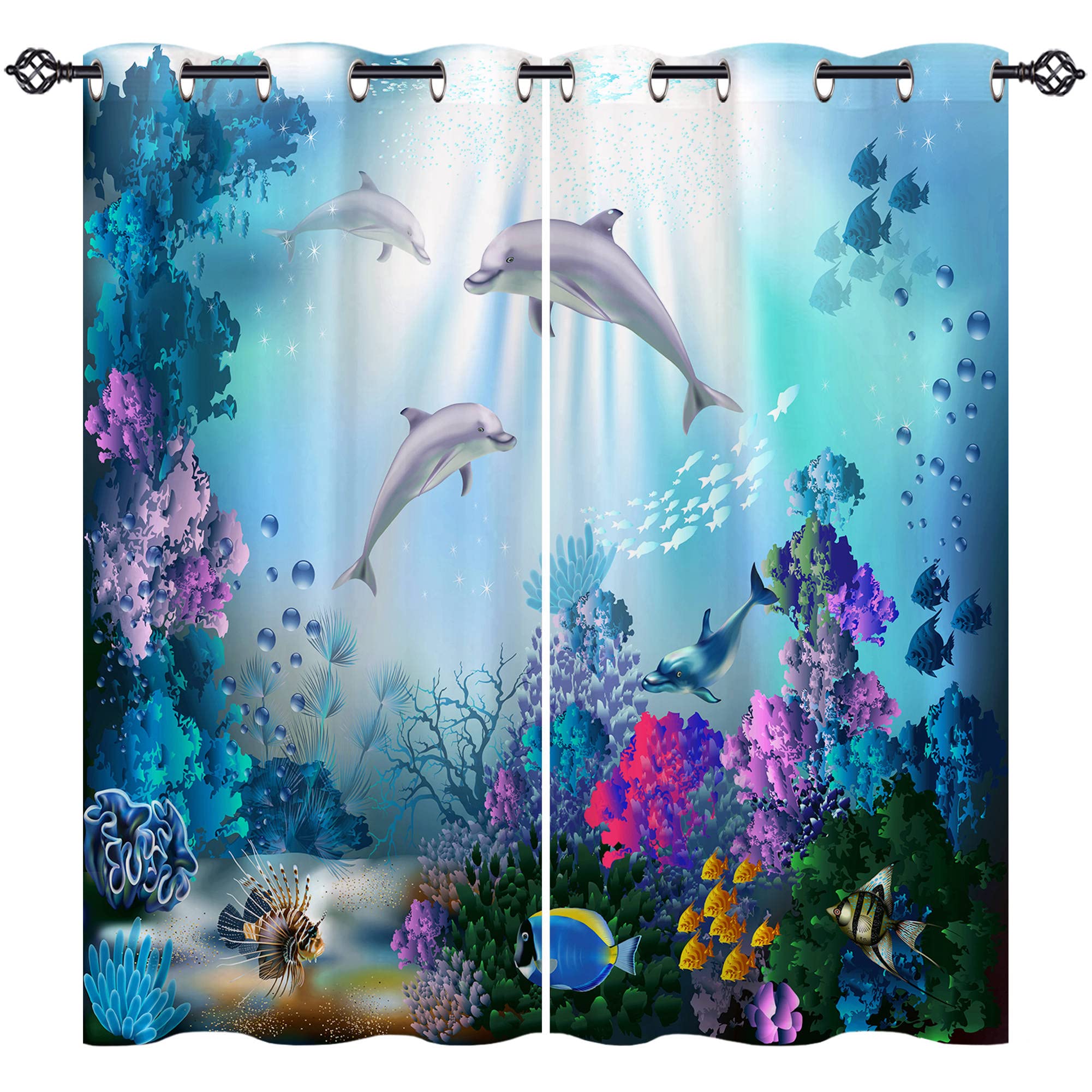 ANHOPE Dolphin Curtains Eyelet Soft Thermal Blackout Curtains Ocean Underwater Tropical Fish Print Pattern Ring Top Soundproof Window Drapes for Kids Bedroom Living Room 46 x 54 Inch Drop 2 Panels