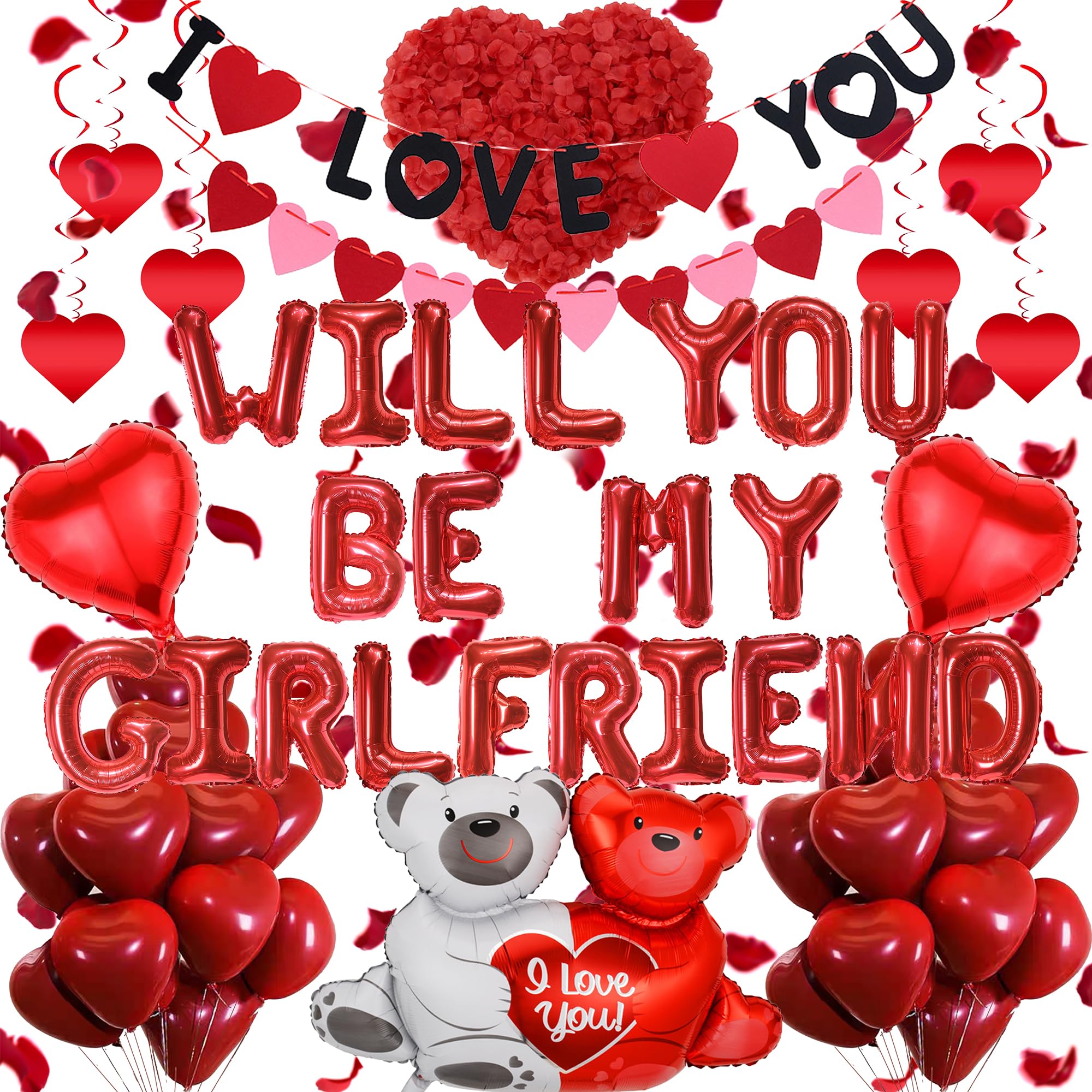 Will You Be My Girlfriend Balloons 552Pcs Romantic Decorations - Red Letter Foil Balloons, I Love You Banner, Heart Shape Swirl, Love Bear Foil Balloon, Heart Latex Balloon