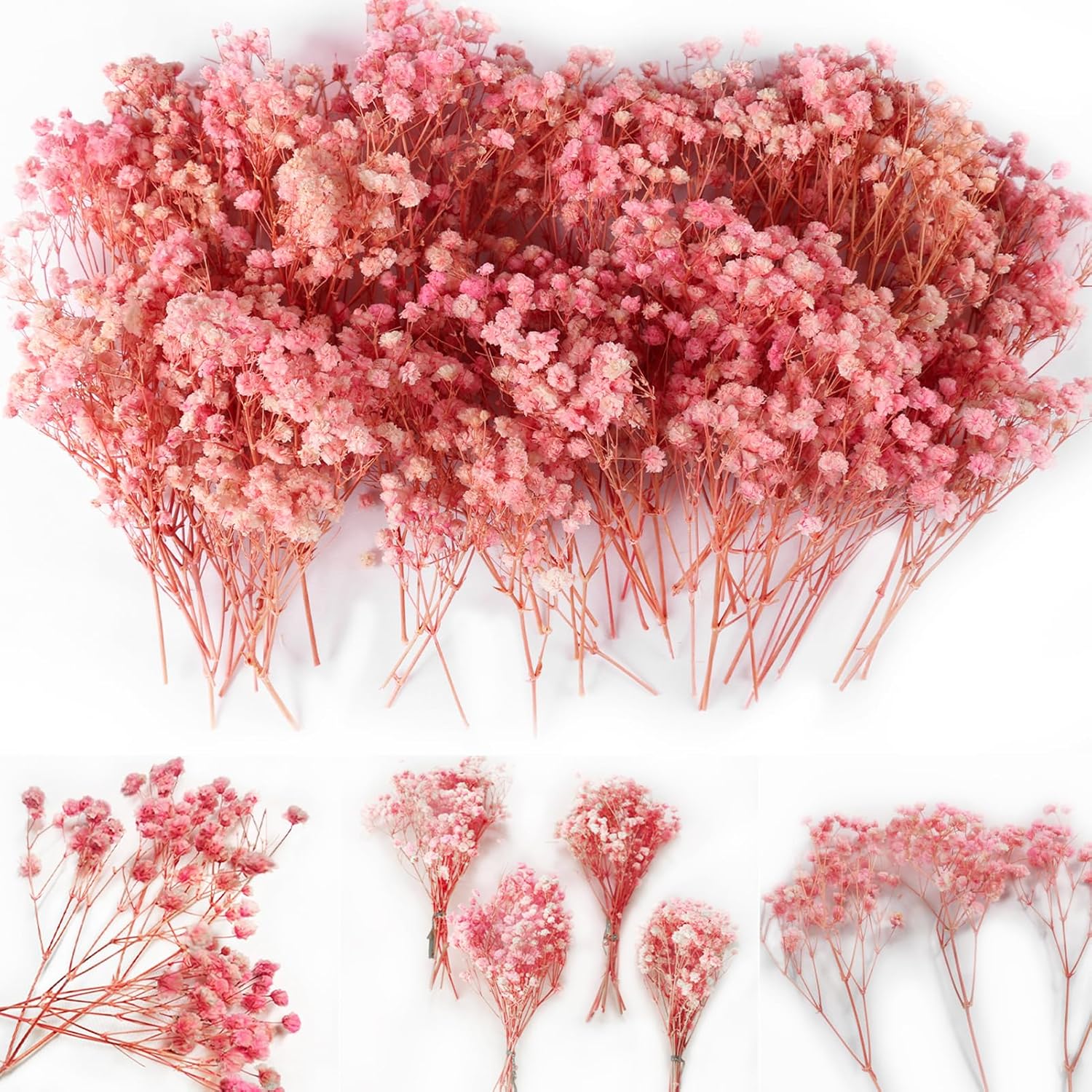 Dried & Preserved Flora - 65Pcs Mini Pink Dried Baby's Breath Flowers, 4000+ Natural Gypsophila, Dry Flowers Bulk for Vase Resin Nails, Art Crafts DIY Pressed Flowers Making, Pink Pampas Grass, Room Party Table Wedding Decor