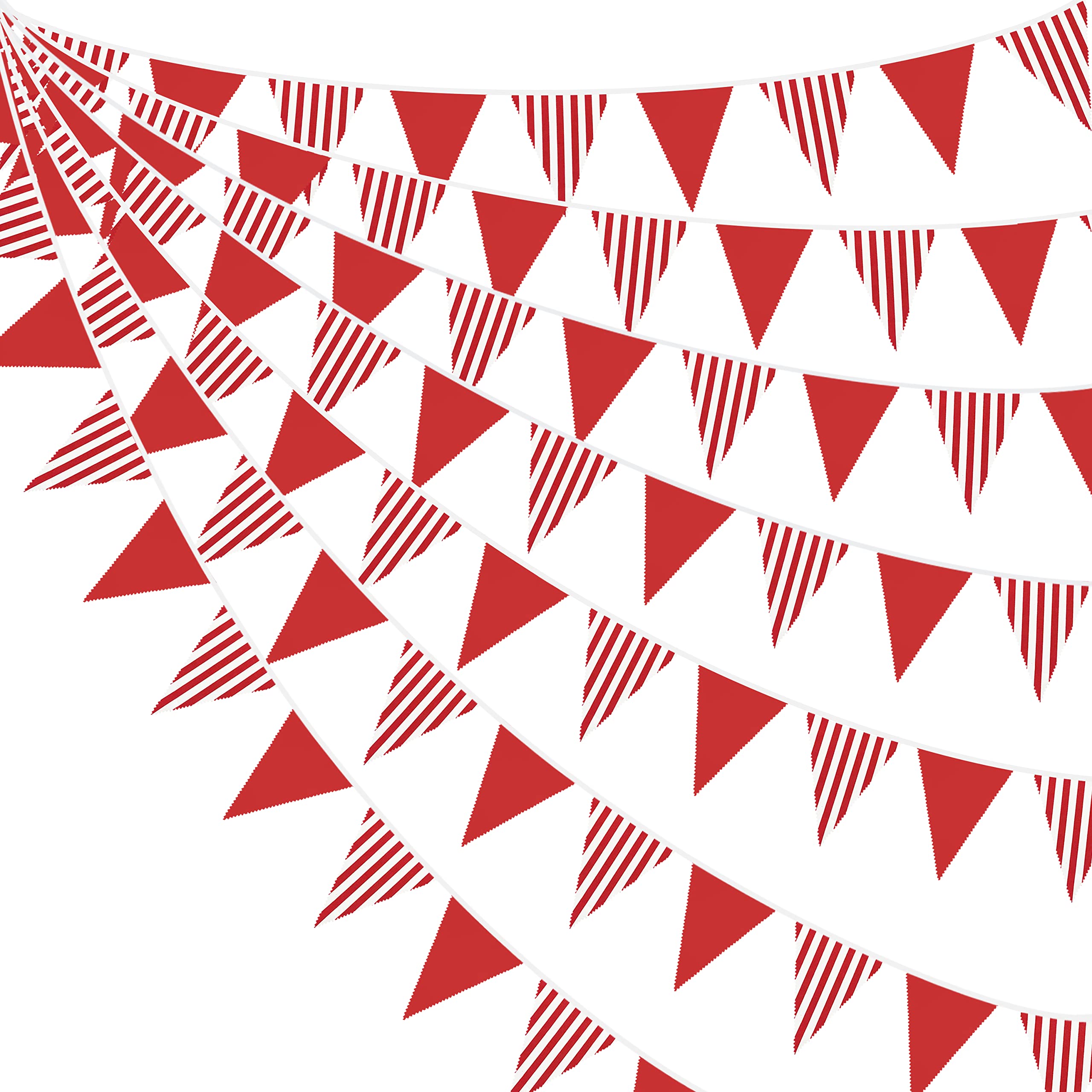 Photo 1 of 32Ft Red and White Striped Pennant Banner Fabric Triangle Flag Bunting Garland Streamer for Carnival Circus Kids Birthday Wedding Christmas New Years Party Outdoor Garden Hanging Festivals Decoration