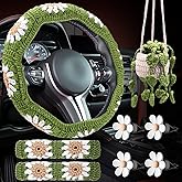 Frienda 8 Pcs Crochet Car Accessories Set Handmade Crochet Steering Wheel and Belt Cover, Hanging Cute Plants and Air Vent Clip for Women Man Car Inter Decorations