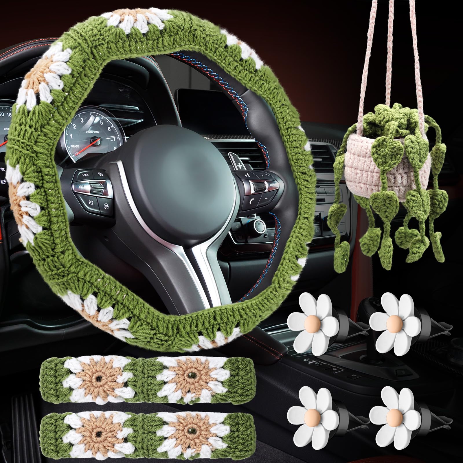 Photo 1 of Frienda 8 Pcs Crochet Car Accessories Set Handmade Crochet Steering Wheel and Belt Cover, Hanging Cute Plants and Air Vent Clip for Women Man Car Inter Decorations