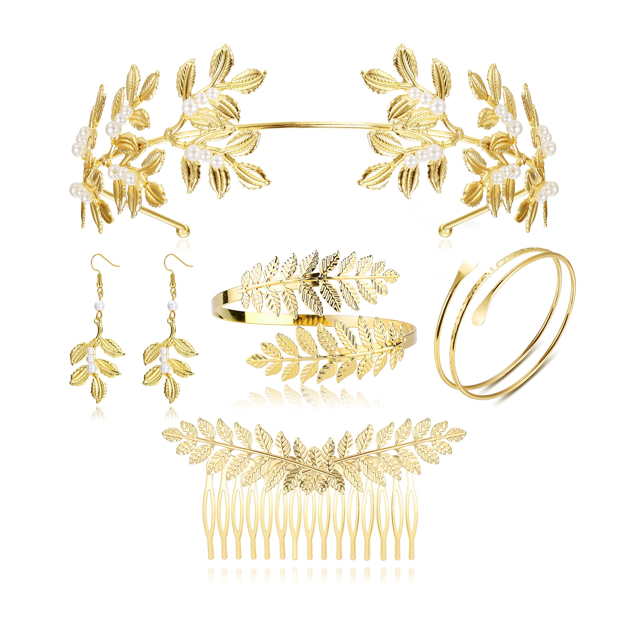 ORAZIO 5 Pcs Greek Goddess Accessories Set for Women Greek Goddess Headband Roman Gold Leaf Headband Crown Greek Gold Arm Bracelet Cuff Hair Comb Slides Leaf Hair Clip Decorations for Girls Halloween